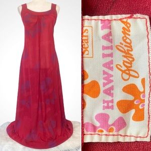 Vintage SEARS Hawaiian Red Floral Print Aloha 70s Maxi Gown Long Slip Dress
